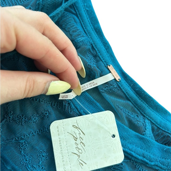 Free People Sidney Embroidered Mixed Media Long Sleeve Teal Top Size XS NWT - Picture 5 of 9